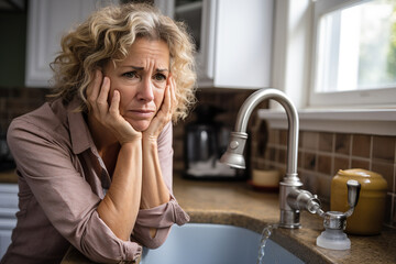 A forlorn woman at her kitchen sink looking worried about a plumbing problem.