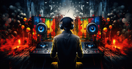 Art music studio background with dj headphones