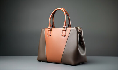 Beautiful trendy smooth youth women's handbag in brown and grey color on a gray studio background