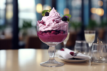 blueberry ice cream in a glass in a beautiful cafe - obrazy, fototapety, plakaty