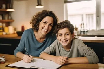 Foto op Plexiglas Cheerful mother doing homework with son at home © AI_images