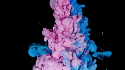 Colorful Pink and Blue ink cloud Mixing and Flowing in Water Isolated on Black