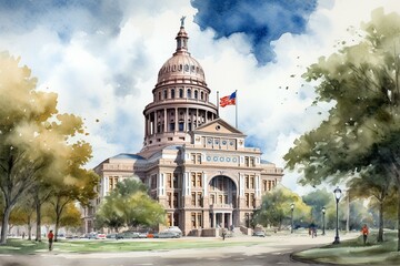 Watercolor sketch of Texas state capitol building in Austin, USA. Generative AI