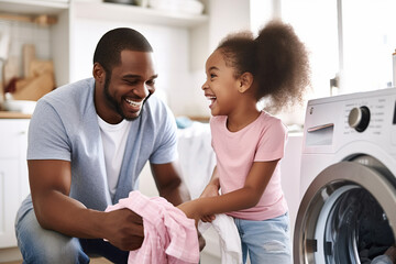 Africa American Father and daughter doing laundry together - obrazy, fototapety, plakaty