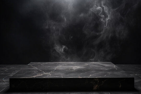 Empty black marble table podium with black stone floor in dark room with smoke.