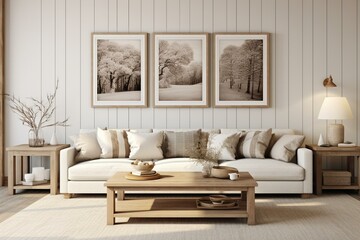 Modern farmhouse style living room with earthy brown tones and wall art display. Generative AI - obrazy, fototapety, plakaty