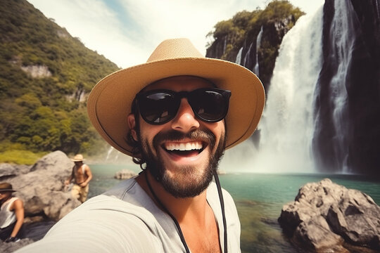 Handsome tourist visiting national park taking selfie picture in front of waterfall