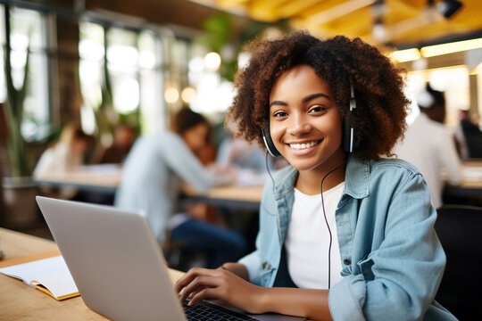 Happy African Black Girl Student Using Laptop Computer In University Library