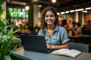 Happy Latin girl student using laptop computer in university library - obrazy, fototapety, plakaty
