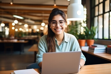 Happy Latin girl student using laptop computer in university library