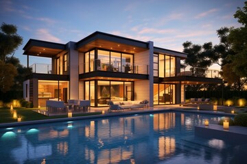 Rendering of contemporary house with pool and parking for sale or rent, surrounded by beautiful landscaping. Warm evening light from window. Generative AI