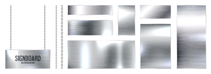 Fototapeta premium Metal banners hanging on a chain. Realistic shiny steel plate with screws. Polished silver metal surface. Vector illustration