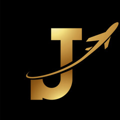 Glossy Gold and Black Antique Letter J Icon with an Airplane