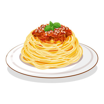 Authentic Bolognese spaghetti with minced meat, tomato sauce, grated cheese decorated with basil leaves. Food vector illustration on white background. Italian pasta.
