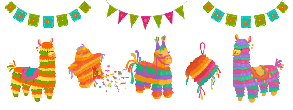 Set of colorful Mexican piñatas in the form of a donkey, a llama, a cube and a broken star with flying sweets. Cartoon vector graphics.
