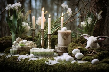 Altar for Imbolc with Brigid's cross, snowdrops, candles, sheep, winter forest. Symbolizes spring equinox. Generative AI - obrazy, fototapety, plakaty