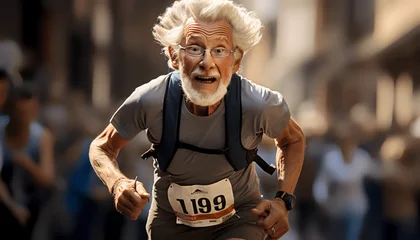 Fototapeten Senior man breaking records by participating on the longest running marathon, competition, crazy, random © David Lim 
