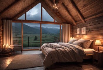 Chambre dans un chalet en bois avec vue panoramique sur la montagne enneigée