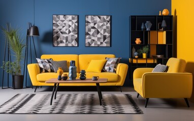 Urban living room in the style of vibrant geometrics. Generative AI