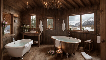Salle de bain nordique dans un chalet en bois en hiver