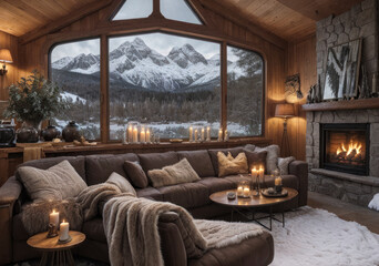 Ambiance chaleureuse dans le salon d'un chalet luxueux en bois et pierres en hiver