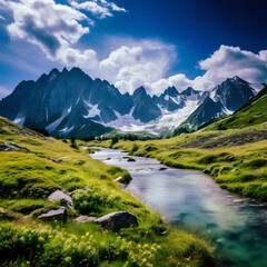 Naklejka na ściany i meble Summer Serenity in the Alpine Mountains, image generated by AI