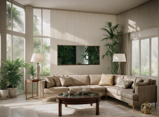 Salon design avec grand canapé, des plantes et une table basse