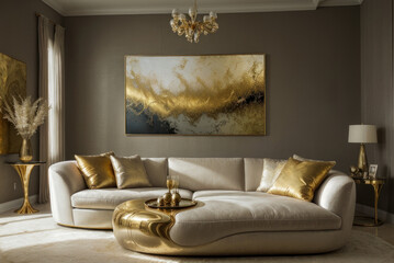 Salon luxueux avec un canapé en or et cuir blanc - obrazy, fototapety, plakaty
