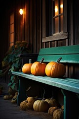 Fall pumpkins on the bench next to farm house. Autumn scenery, thanksgiving decoration