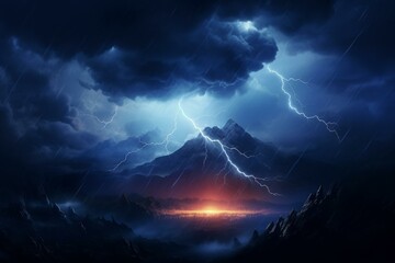 Mountainous lightning storm. Weather cataclysm concept. Generative AI
