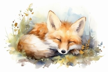 A charming and protective hand-drawn watercolor illustration of a sleeping fox. Generative AI