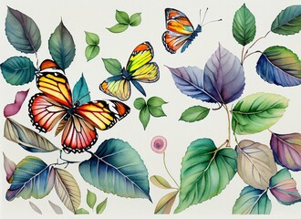 Watercolor illustration of butterflie and leaves, butterflie watercolor, leaf watercolor, decorative nature,