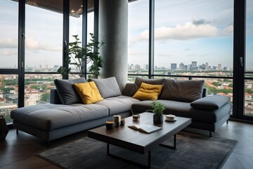 Stylish living room interior with comfortable sofa and panoramic windows