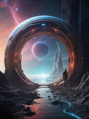 A lone spaceman, helmeted and suited, stands resolute at the threshold of a magical portal, a cosmic doorway to an enigmatic realm waiting to be explored. - obrazy, fototapety, plakaty