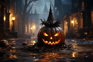 Halloween aesthetic background with scary carved pumpkin