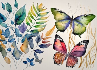 Watercolor illustration of butterflie and leaves, butterflie watercolor, leaf watercolor, decorative nature,