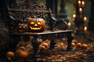 Halloween aesthetic background with scary carved pumpkin