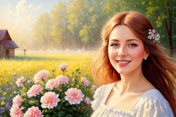 Naklejka premium portrait of a beautiful girl posing in nature, a bright sunny day in the forest, a glade with wild flowers, old rural style