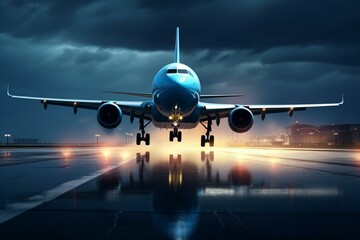 Airplane taking off on blue runway. Generative AI - obrazy, fototapety, plakaty
