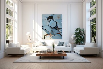 Well-lit living room featuring a frontal perspective with a white wall. Generative AI