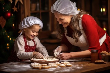 Merry Christmas and happy holidays. Mother and daughter are preparing Christmas cookies