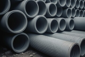 Grey plastic sewage pipes with texture and pattern, allowing light through tubes. Generative AI