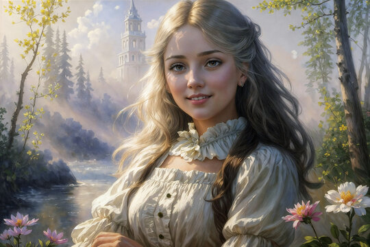 portrait of a girl posing in nature, a beautiful landscape in a fairytale style