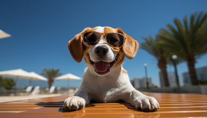 Cute puppy sunbathing, wearing sunglasses, enjoying summer vacations outdoors generated by AI