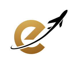 Gold and Black Lowercase Letter E Icon with an Airplane