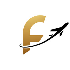 Gold and Black Lowercase Letter F Icon with an Airplane