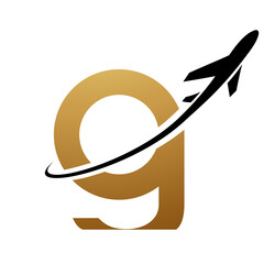Gold and Black Lowercase Letter G Icon with an Airplane