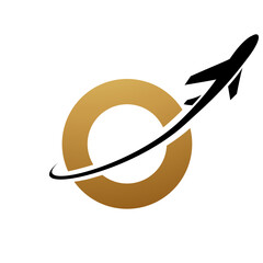 Gold and Black Lowercase Letter O Icon with an Airplane