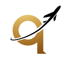 Gold and Black Lowercase Letter Q Icon with an Airplane
