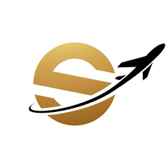 Gold and Black Lowercase Letter S Icon with an Airplane